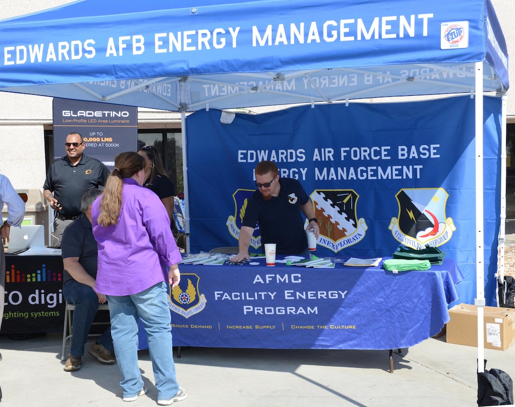 The 412th Civil Engineer Group Energy Management Team invited energy companies to Edwards Oct. 18 to help raise awareness and provide information about saving energy during National Energy Action Month. Booths were set up in front of the Exchange entrance. (U.S. Air Force photo by Kenji Thuloweit)