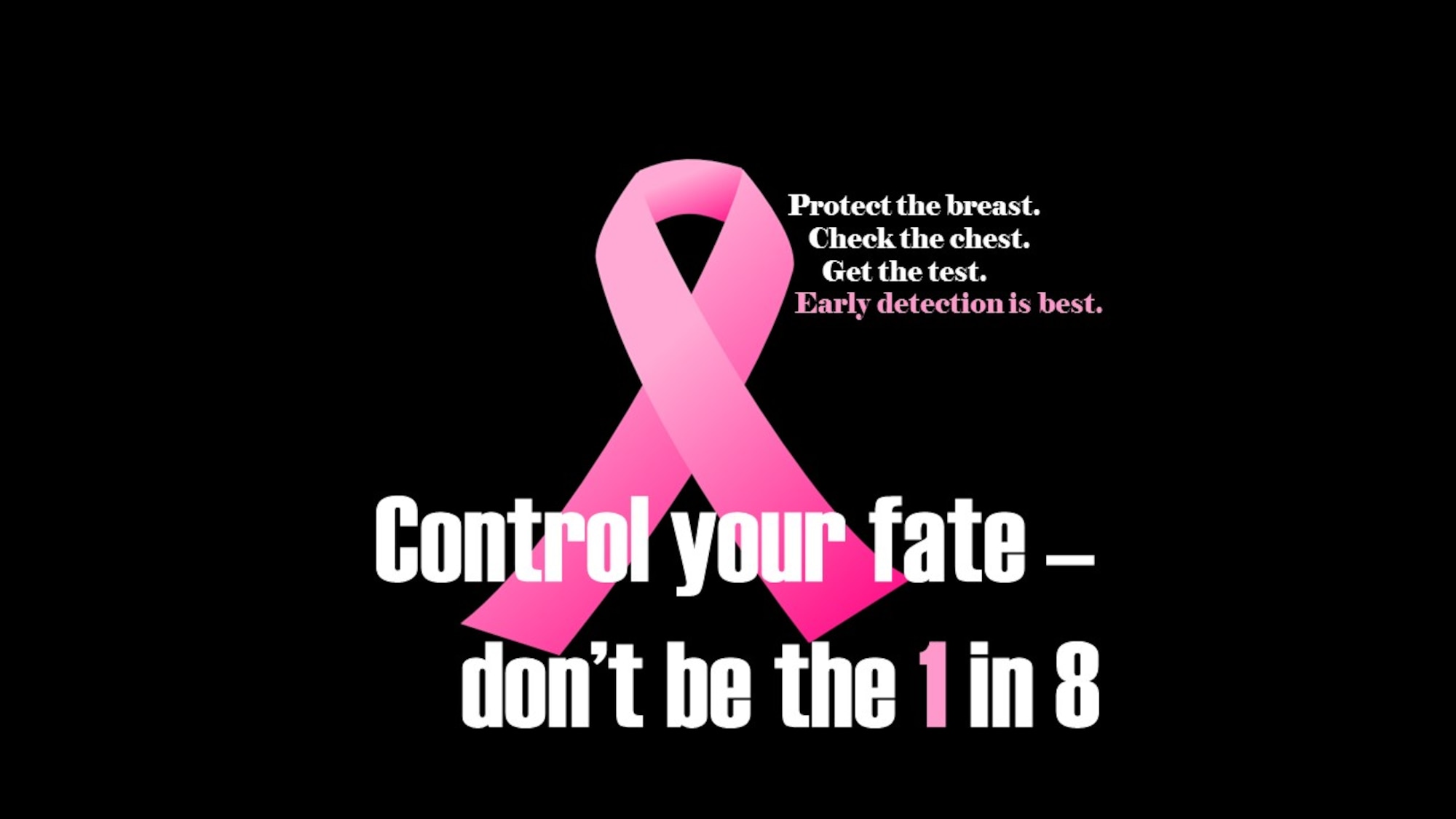 October is Breast Cancer Awareness Month, during which all women are encouraged to perform self-exams, schedule mammograms and place importance on breast health. According to the American Cancer Society, over 250,000 women will have been diagnosed with breast cancer by the end of 2017. This estimate translates to roughly one in every eight women. Fortunately, improvements in early detection tests have reduced the mortality rate of patients by 38 percent. (U.S. Air Force graphic by Master Sgt. Heidi West)