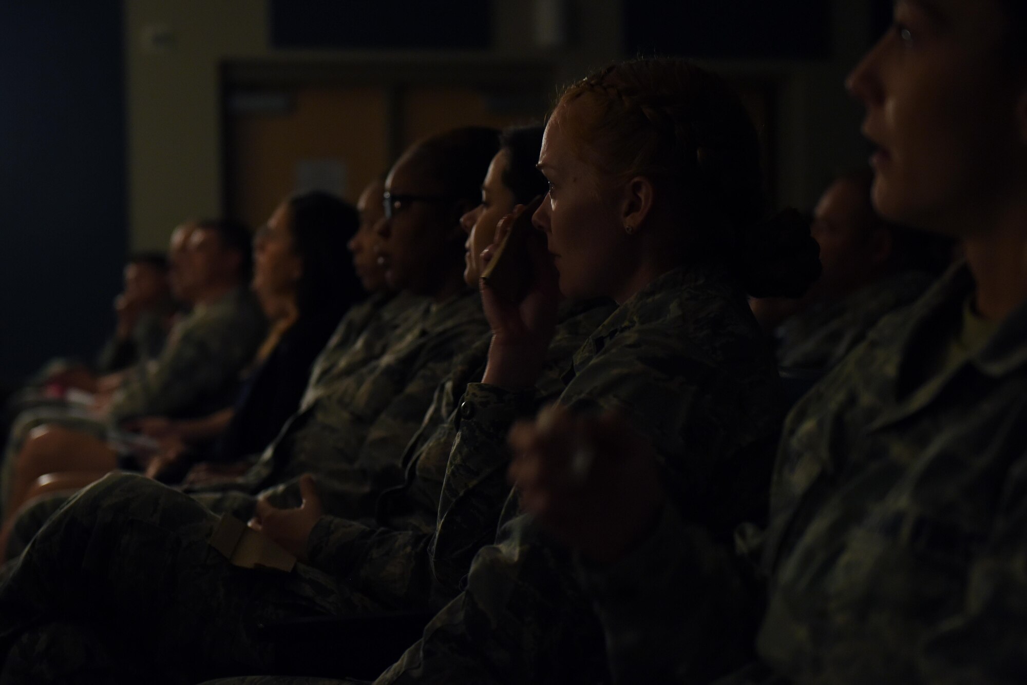 With personal accounts of their past the speakers of the event inspired laughter and tears from those in the auditorium, October 18, 2017. Storytellers was established in 2012 to encourage Airmen to share obstacles they’ve faced in the past and how they were able to overcome them. (U.S. Air Force photo/Airman 1st Class Haley Stevens)