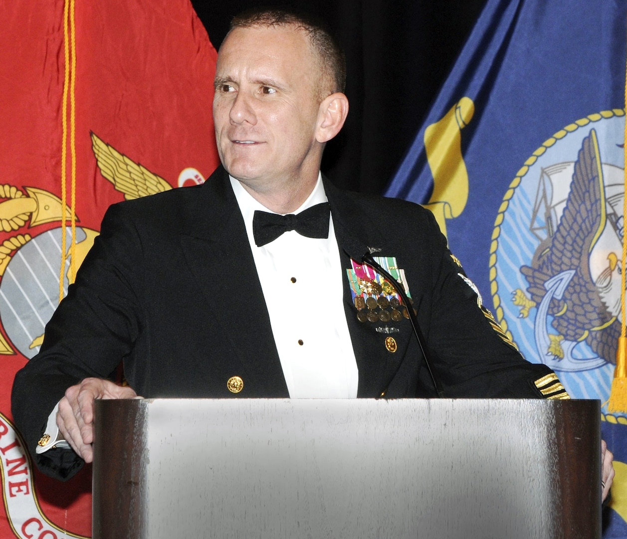 Master Chief Petty Officer of the Navy Steven S. Giordano speaks at the Texas Regional Navy Birthday Ball Oct. 20 in San Antonio, Texas. The different sea service commands in the San Antonio area gather annually to celebrate the Navy birthday in a joint celebration.