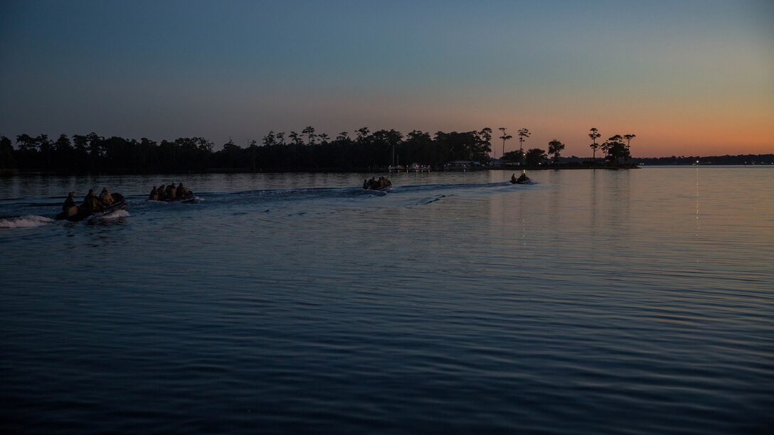 Royal Marines make their way to their first infiltration point for a ground insertion operation during Bold Alligator 17 at Marine Corps Base Camp Lejeune, Oct. 20, 2017. Bold Alligator 17 is a training exercise focused on a regimental amphibious assault that allows the Navy and Marine Corps team to train with partner nations to refine and strengthen core amphibious competencies critical to maritime power projection.