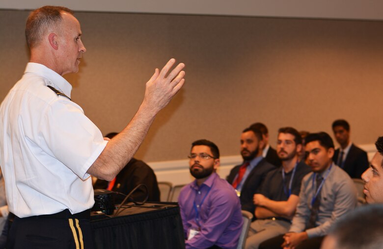 Maj. Gen. Michael Wehr, deputy commanding general, U.S. Army Corps of Engineers, talks to student-engineers about the Corps' mission during an Oct. 19 seminar at the Hispanic Engineer National Achievement Awards Conference in Pasadena, Calif.