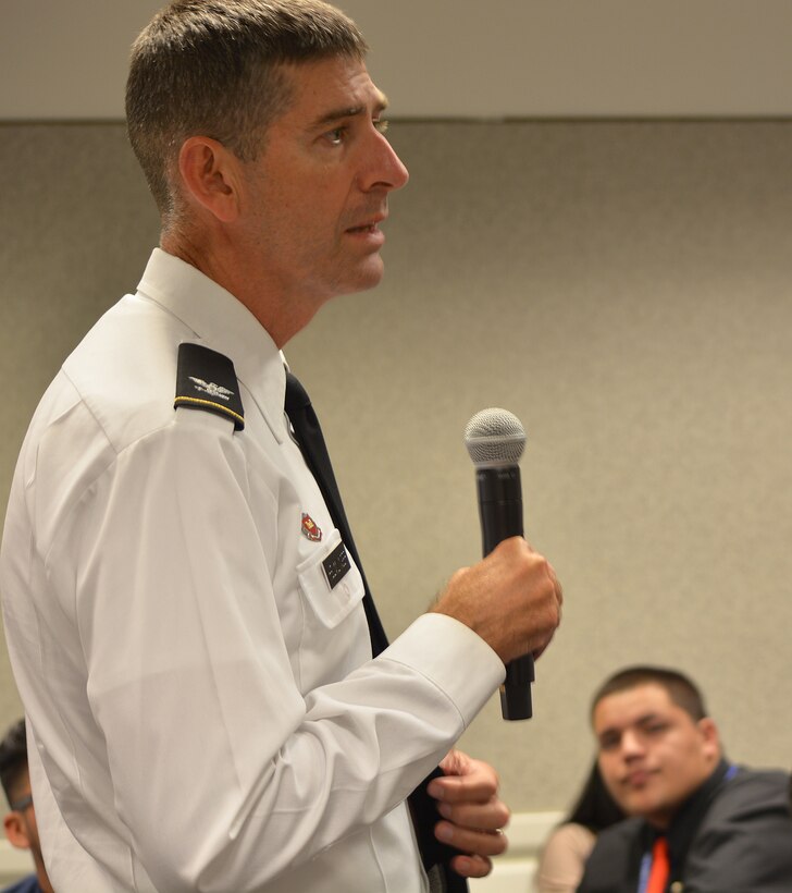 Col. Pete Helmlinger, commander of the South Pacific Division, U.S. Army Corps of Engineers, talks to student-engineers about the Corps and its mission during an Oct. 19 seminar at the Great Minds in STEM's annual Hispanic Engineer National Achievement Awards Conference in Pasadena, Calif.
