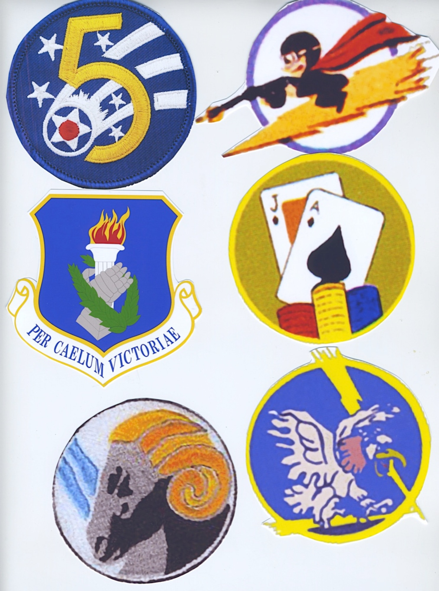These insignia, going clockwise from the top left, represent the important organizations described in our history: Fifth Air Force, 340th Fighter Squadron, 341st Fighter Squadron, 342nd Fighter Squadron, 460th Fighter Squadron and 348th Fighter Group, 108th Wing. (author’s collection)