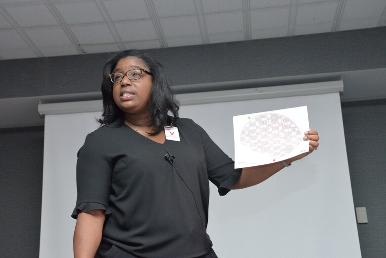 Wanda Gilbert, Employee Assistance Program coordinator with Redstone Arsenal, talks about the results of a navigation exercise during her alcohol and substance abuse class Oct. 24, 2017, at the U.S. Army Engineering and Support Center, Huntsville. Three employees participated in the exercise twice -- once before and once after donning goggles that simulate intoxication. Gilbert’s training also included a class on suicide awareness and prevention.