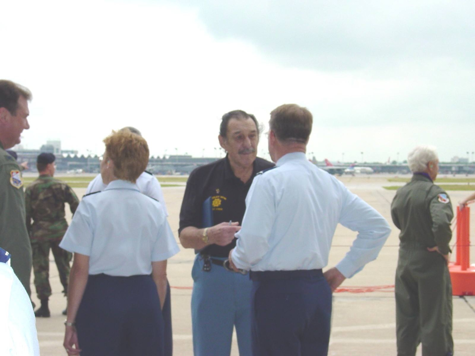 "Krusher" Kowalski greets Lt. Gen. John Bradley, Air Force Reserve commander, during a visit to the 934th Airlift Wing about 2004. (Courtesy Photo)