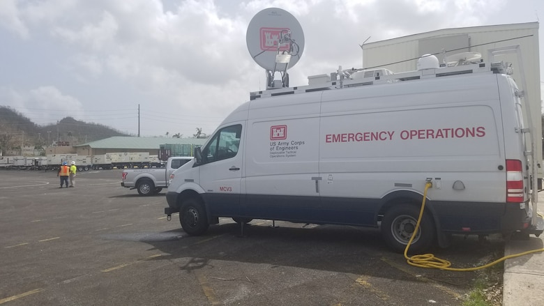 The U.S. Army Corps of Engineers, Baltimore District's Mobile Communications Vehicle, pictured here in Puerto Rico September 26, 2017, provides a full spectrum of communications including radio, satellite and cellular capabilities that can deliver both voice and data communications, was deployed to Puerto Rico to help jumpstart effort there in late September and remains there today. Personnel supporting the Mobile Communications Vehicle are among dozens of Baltimore District employees deploying to assist with hurricane recovery efforts primarily in the U.S. Virgin Islands and Puerto Rico. (Photo courtesy of Andria Carey, Baltimore District, deployed with MCV)
