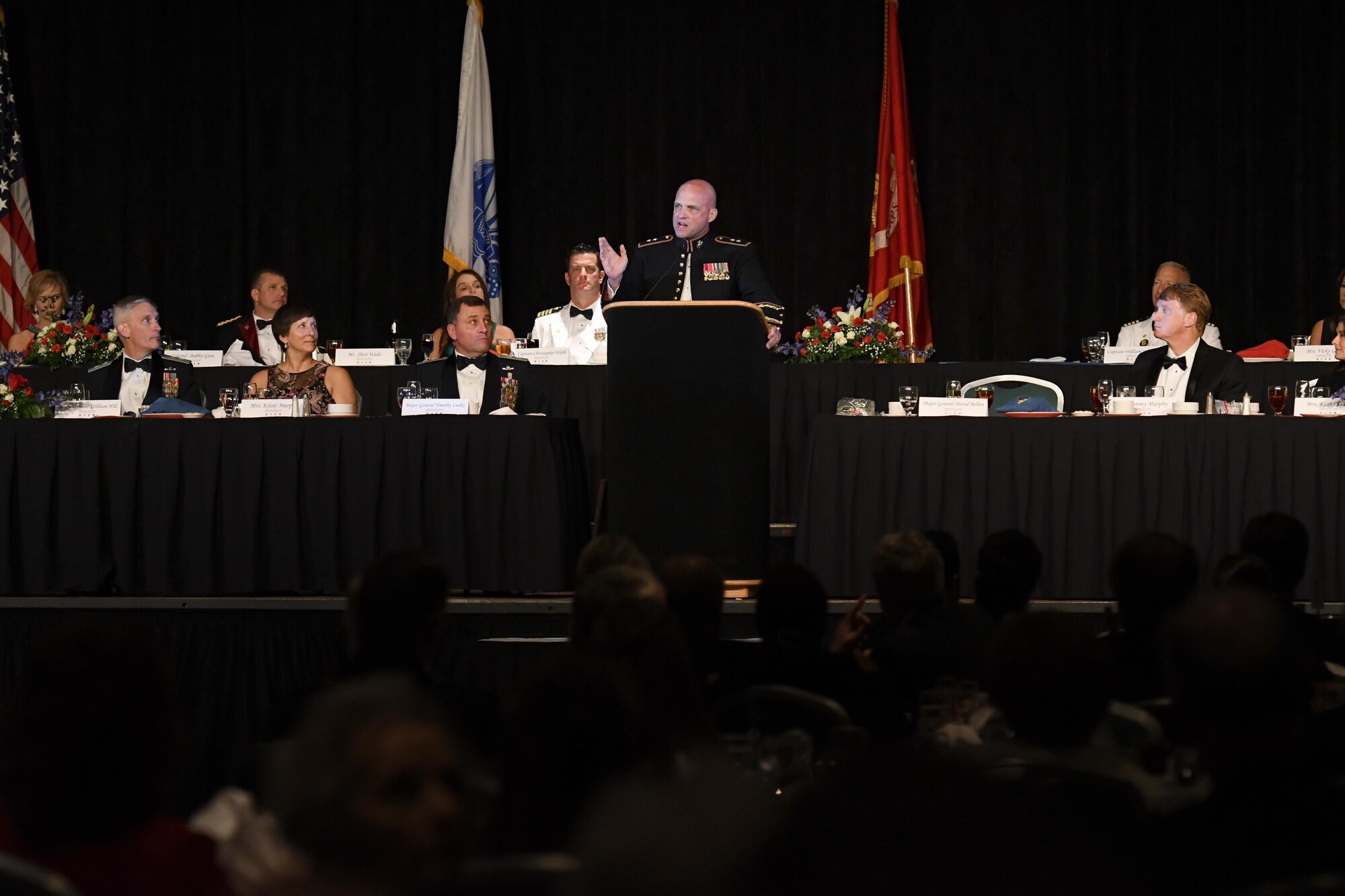 U.S. Marine Maj. Gen. David Bellon, U.S. Marine Forces, South commander, delivers comments during the 39th Annual Salute to the Military at the Mississippi Coast Convention Center, Oct. 24, 2017, Biloxi, Mississippi. The Salute to the Military event recognized the men and women who serve in the military along the Gulf Coast. (U.S. Air Force photo by Kemberly Groue)