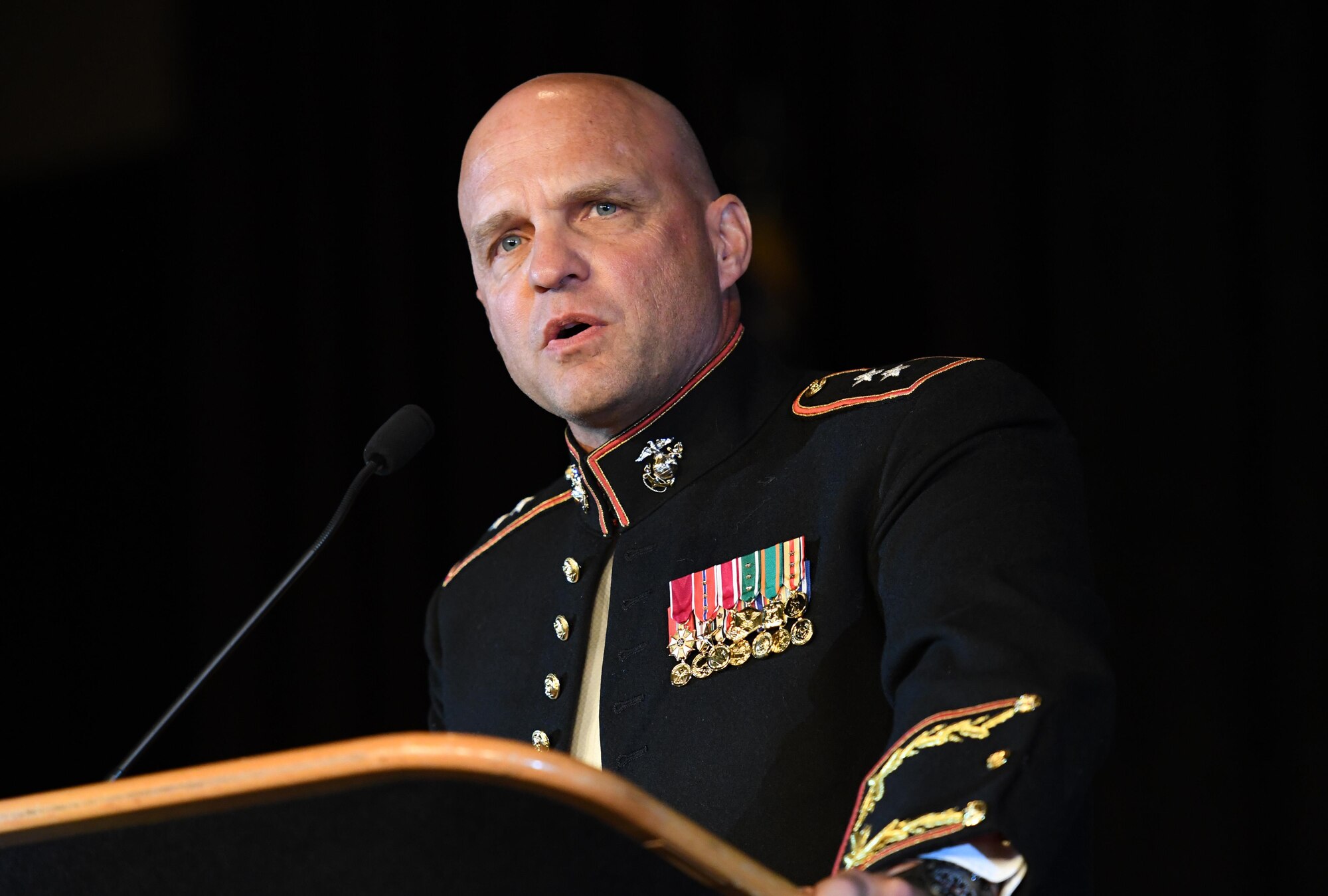 U.S. Marine Maj. Gen. David Bellon, U.S. Marine Forces, South commander, delivers comments during the 39th Annual Salute to the Military at the Mississippi Coast Convention Center, Oct. 24, 2017, Biloxi, Mississippi. The Salute to the Military event recognized the men and women who serve in the military along the Gulf Coast. (U.S. Air Force photo by Kemberly Groue)