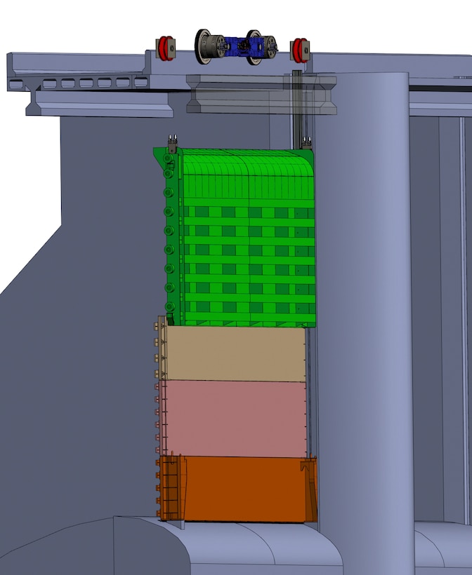The adjustable spillway weir (ASW), features a mechanical hoist, enabling incremental height adjustments to the weir crest to better manage water flows for out-migrating juvenile salmon during spring run-off or summer flows, or possible night operations without the use of a large crane. An overlapping water-stop panel slides in a track to move up and down with the crest component.
