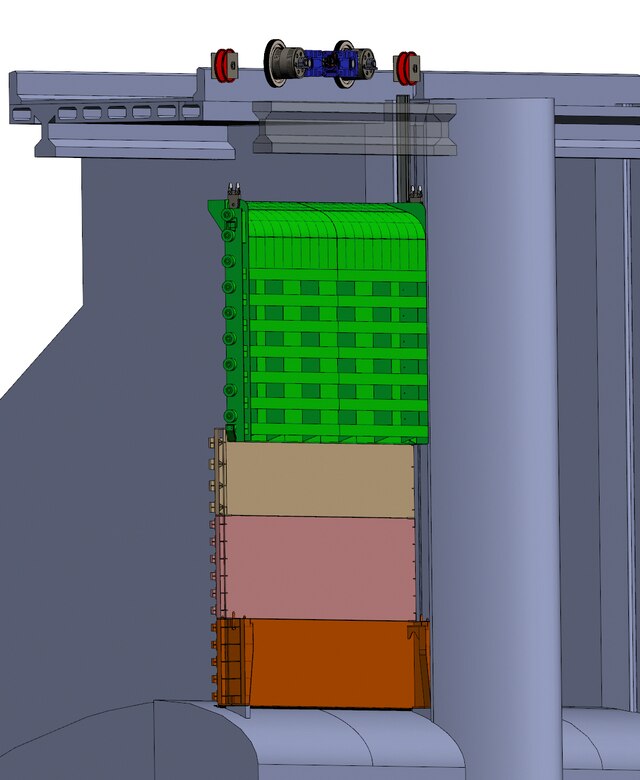 The adjustable spillway weir (ASW), features a mechanical hoist, enabling incremental height adjustments to the weir crest to better manage water flows for out-migrating juvenile salmon during spring run-off or summer flows, or possible night operations without the use of a large crane. An overlapping water-stop panel slides in a track to move up and down with the crest component.