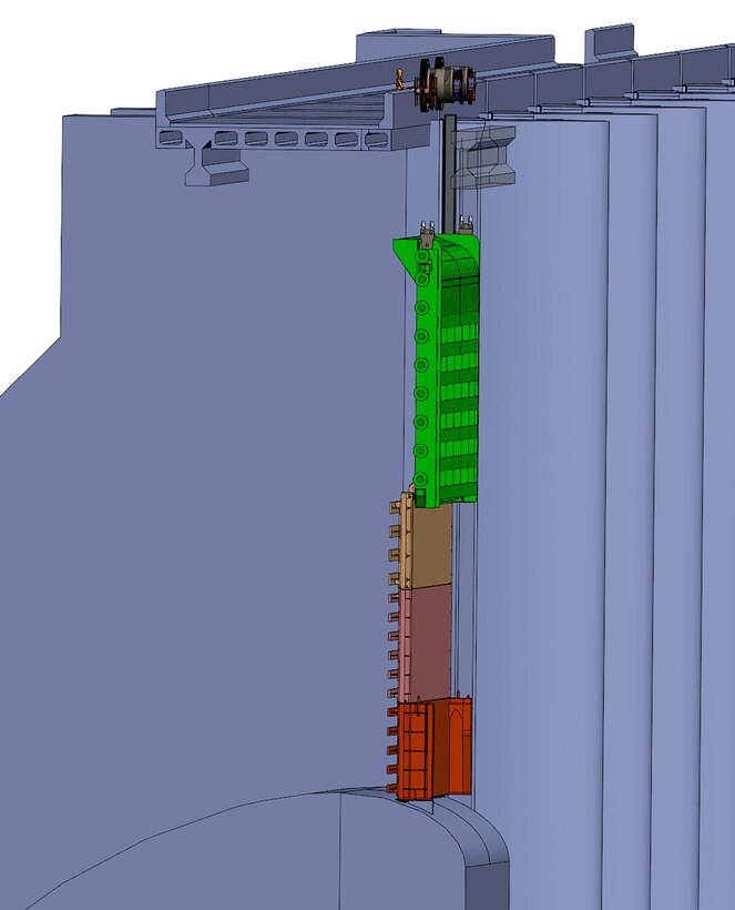 The adjustable spillway weir (ASW), features a mechanical hoist, enabling incremental height adjustments to the weir crest to better manage water flows for out-migrating juvenile salmon during spring run-off or summer flows, or possible night operations without the use of a large crane. An overlapping water-stop panel slides in a track to move up and down with the crest component.