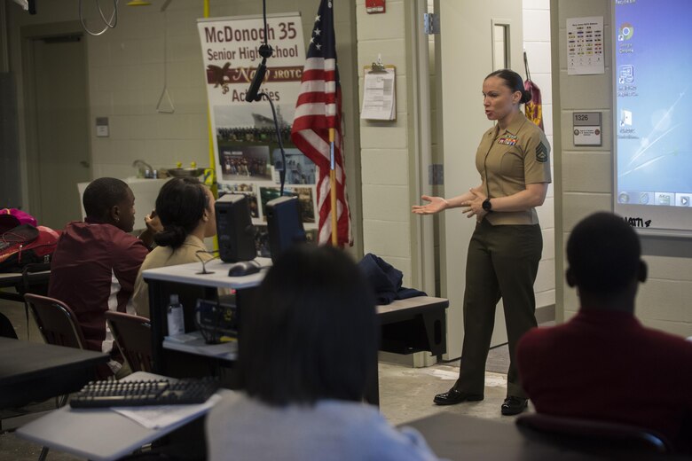 Gunnery Sgt. Kila Legler, the staff secretary for 4th Marine Division, Marine Forces Reserve, discusses how potential drug use can damage a Junior ROTC candidate’s future, during Red Ribbon Week, at McDonogh 35 High School in New Orleans, Oct. 23, 2017.