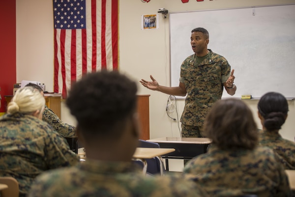 Col. Ricardo Player, the chief of staff of Force Headquarters Group, Marine Forces Reserve, discusses the dangers of drug use to Junior ROTC cadets during Red Ribbon Week, at New Orleans Military and Maritime Academy in New Orleans, Oct. 23, 2017.