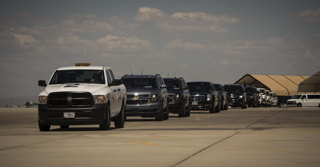 U.S. President Donald J. Trump's motorcade drove up to Air Force One on the Marine Corps Air Station (MCAS) Yuma, Ariz., flightline Aug. 22, 2017. President Trump visited MCAS Yuma to interact with Marines, Sailors and their families on station. (U.S. Marine Corps photo taken by Lance Cpl. Christian Cachola)