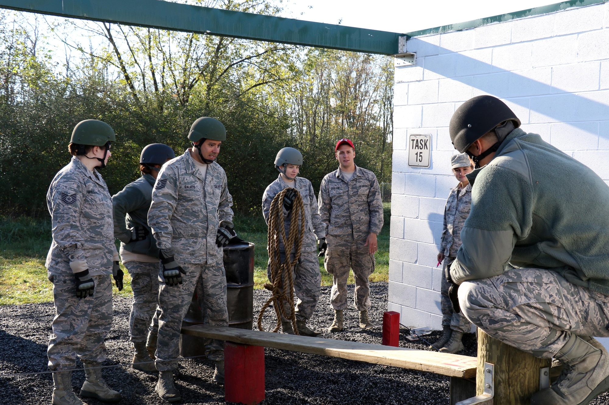 Production Recruiter and Retention Airmen navigate obstacles on a Leadership Reaction Course at Fort Indiantown Gap, Pennsylvania, Oct. 17, 2017. The PRR Airmen are part of Strength Management Teams from the three Air National Guard Wings in the Commonwealth; whom came together during a week-long Pennsylvania Air National Guard Fall Leadership Forum.  (U.S. Air National Guard photo by Master Sgt. Culeen Shaffer/Released)