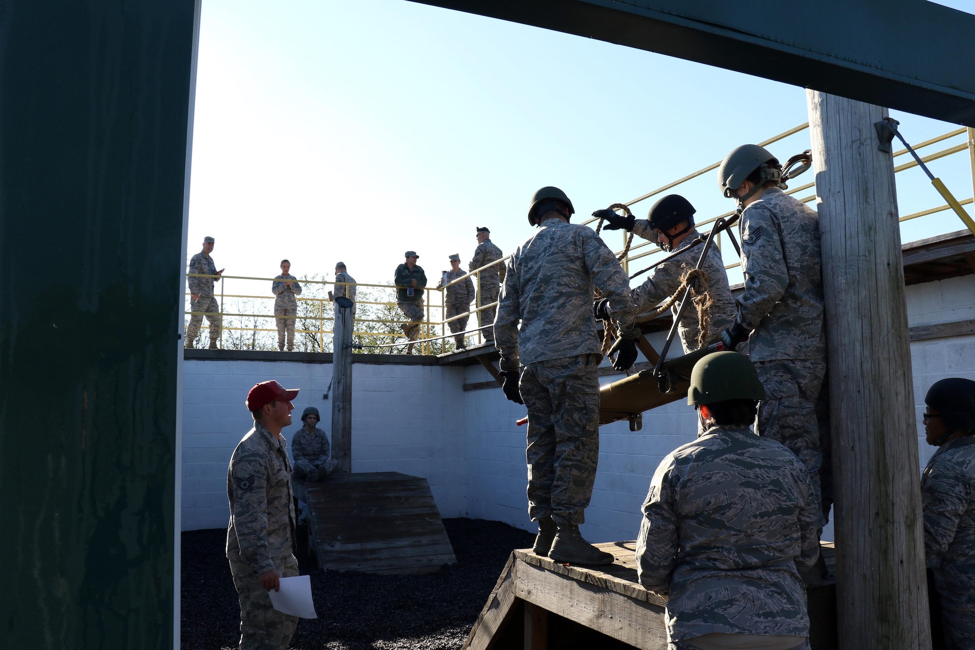 Production Recruiter and Retention Airmen navigate obstacles on a Leadership Reaction Course at Fort Indiantown Gap, Pennsylvania, Oct. 17, 2017. The PRR Airmen are part of Strength Management Teams from the three Air National Guard Wings in the Commonwealth; whom came together during a week-long Pennsylvania Air National Guard Fall Leadership Forum.  (U.S. Air National Guard photo by Master Sgt. Culeen Shaffer/Released)