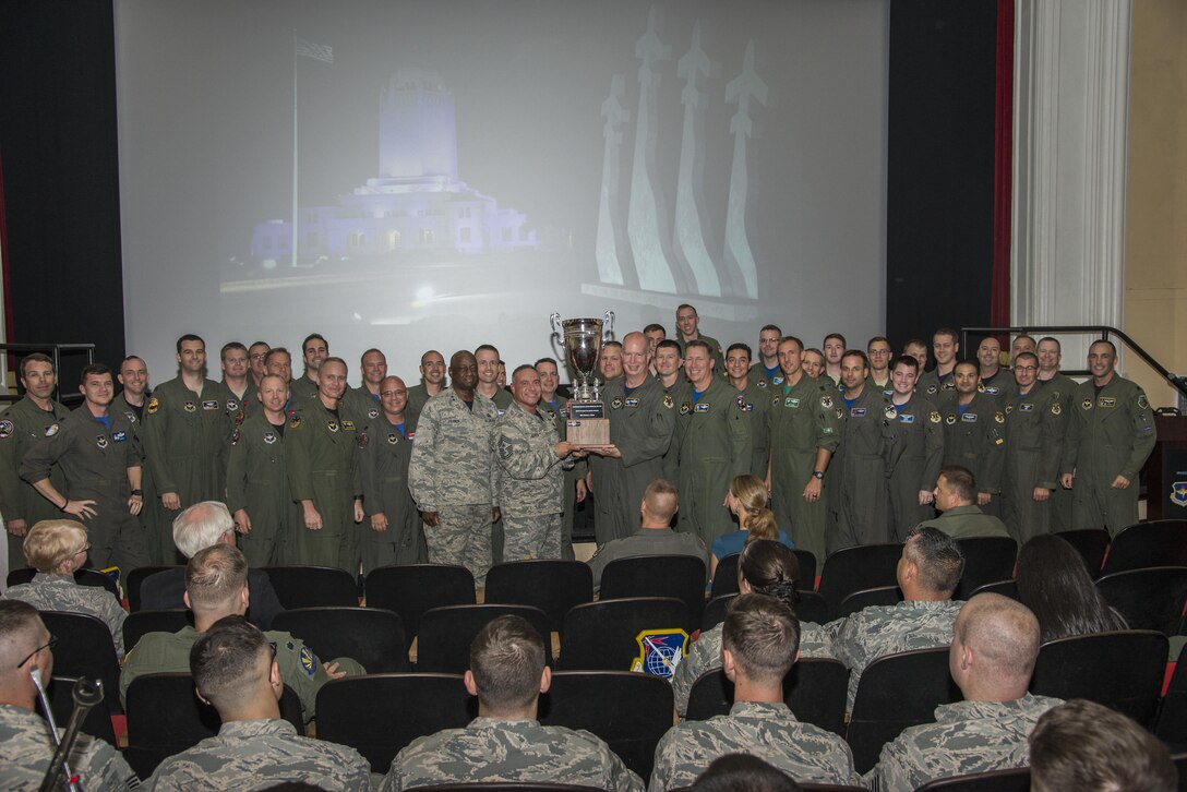 Col. Joel L. Carey, 12th Flying Training Wing commander, receives the Top Wing of Wings award from Maj. Gen. Patrick Doherty, 19th Air Force commander, Oct. 20, 2017, at Joint Base San Antonio-Randolph, Texas during Air Education and Training Command’s inaugural flying competition. This year's event is the first of what will become a recurring annual competition highlighting AETC’s flying mission. (U.S. Air Force photo by Senior Airman Stormy Archer)