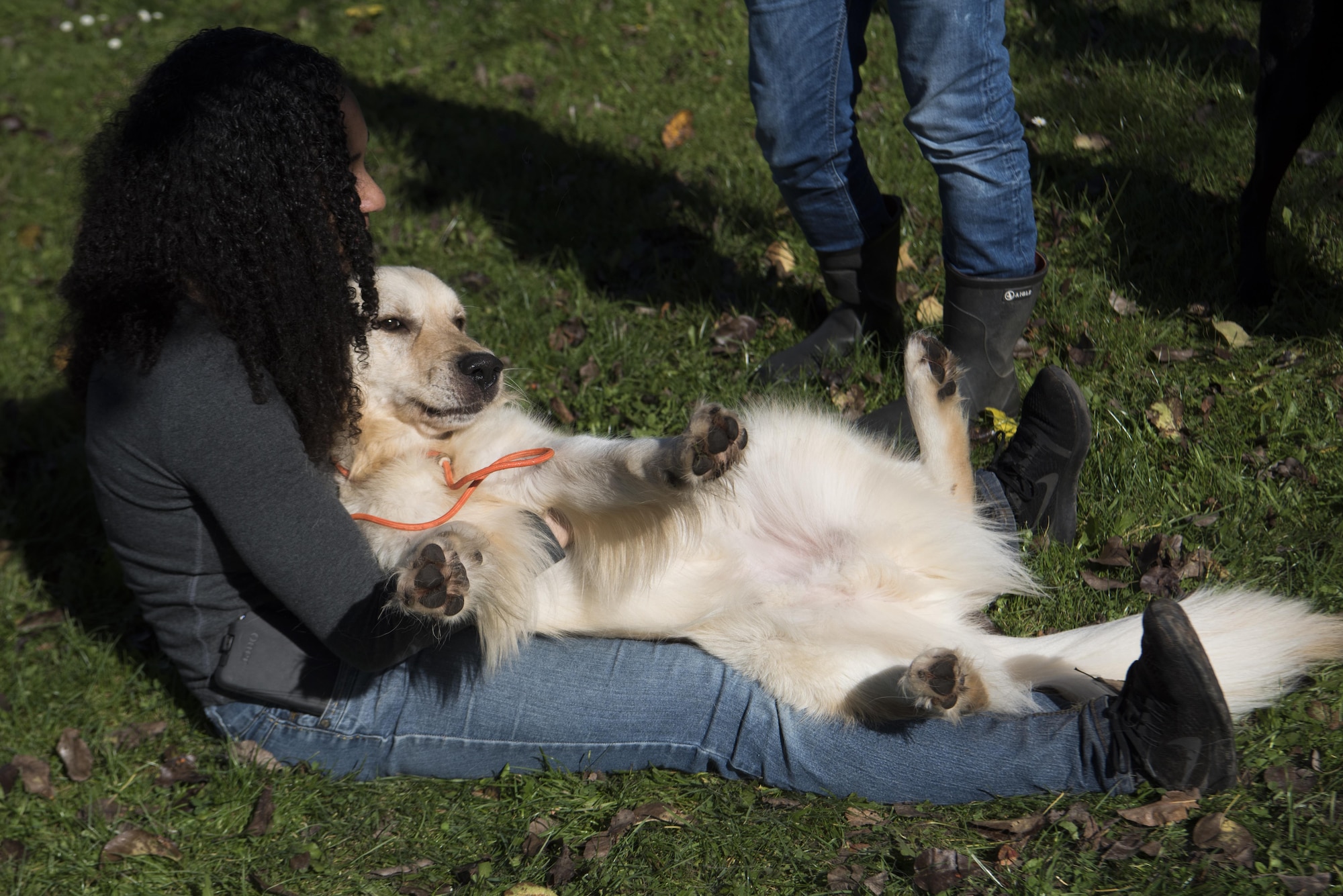 A member of the Kaiserslautern Military Community cuddles visiting service dog Todd, during a service dog demonstration held in Kaiserslautern, Germany, Oct. 14, 2017. Visiting service dogs like Todd are specially trained to be gentle and careful around people. (U.S. Air Force photo by Airman 1st Class Devin M. Rumbaugh)