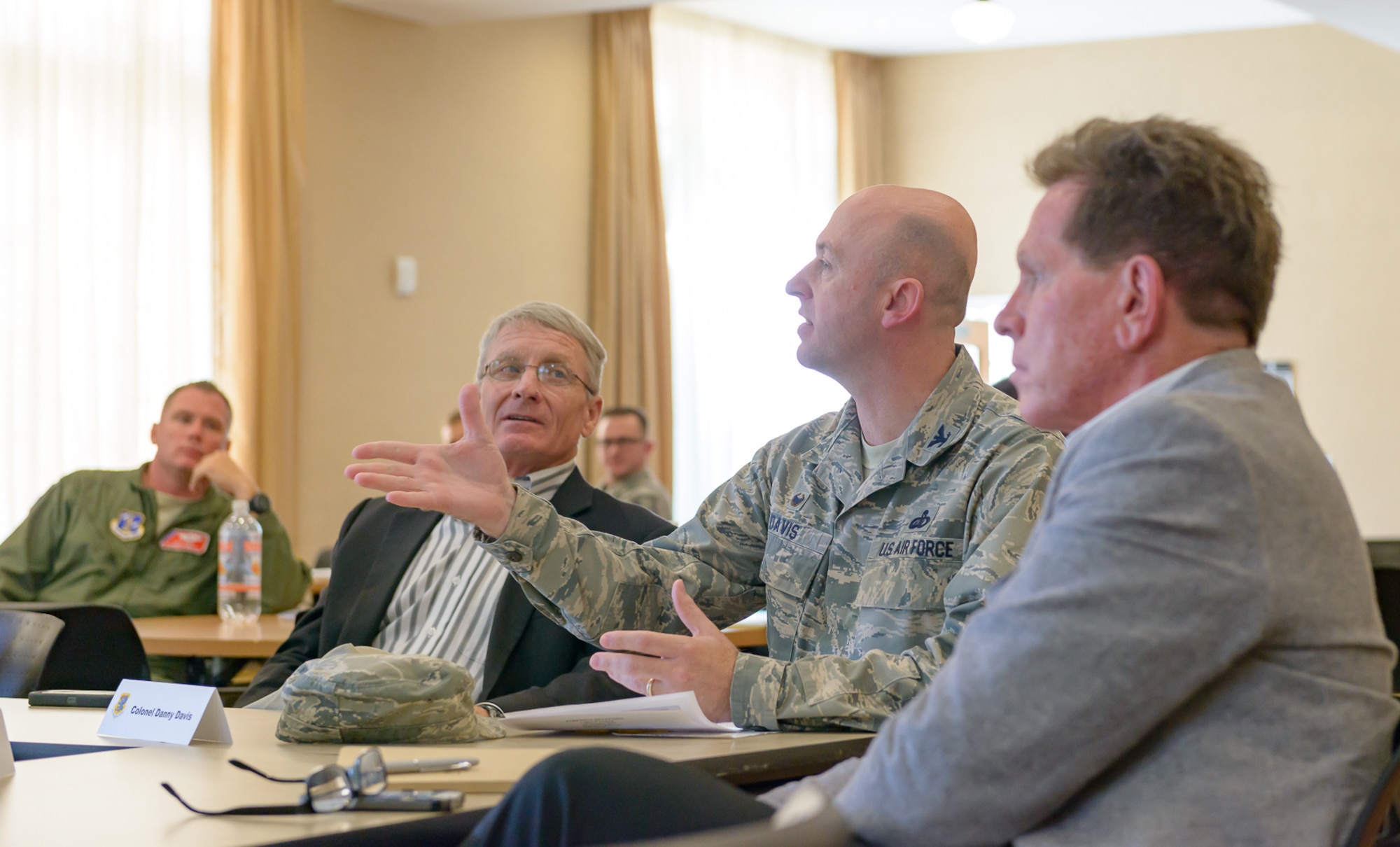 Col. Danny Davis, 81st Mission Support Group commander, engages in discussion with Keesler and community leaders during the Air Force Community Partnership Program Agreements Workshop at the Gulf Park Campus of The University of Southern Mississippi Oct. 25, 2017, Long Beach, Mississippi. The program is part of a larger Air Force Public-Public, Public-Private (P4) initiative to encourage installations and local communities to combine or improve resources or operating processes. Mississippi representatives from state and local communities and various civic leaders attended the event. (U.S. Air Force photo by Andre’ Askew)