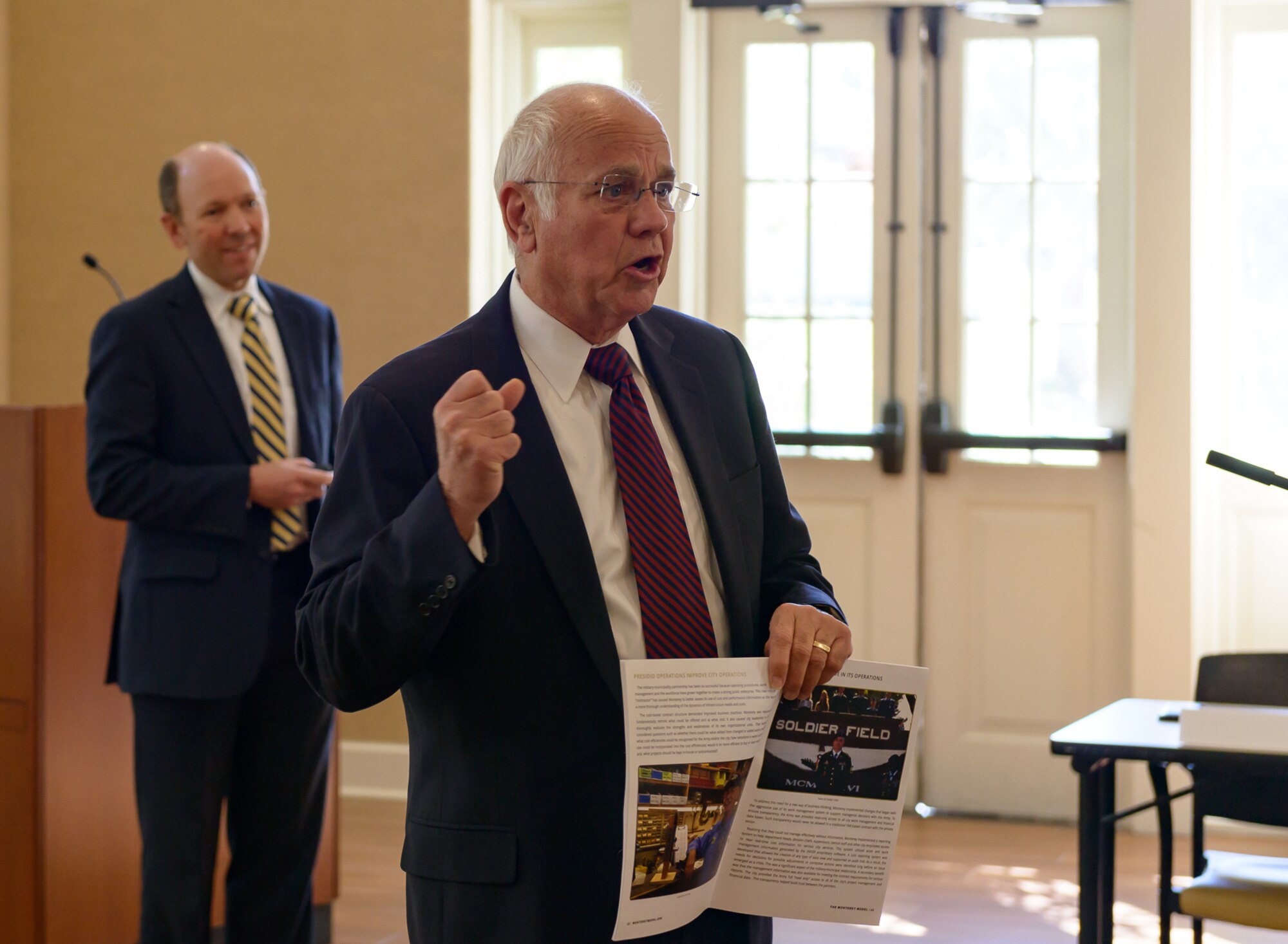 U.S. Army retired Col. Fred Meurer discusses the direction of the Air Force Community Partnership Program during the Agreements Workshop at the Gulf Park Campus of The University of Southern Mississippi Oct. 25, 2017, Long Beach, Mississippi. The program is part of a larger Air Force Public-Public, Public-Private (P4) initiative to encourage installations and local communities to combine or improve resources or operating processes. Mississippi representatives from state and local communities and various civic leaders attended the event. (U.S. Air Force photo by Andre’ Askew)