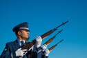 Airman 1st Class Dallas Teran, 56th Force Support Squadron base honor guardsman, prepares to fire his rifle while practicing military funeral honors at Luke Air Force Base, Ariz., Oct 13, 2017. The event was held as a final presentation during a base honor guard graduation. (U.S. Air Force photo/SSgt Jensen Stidham)