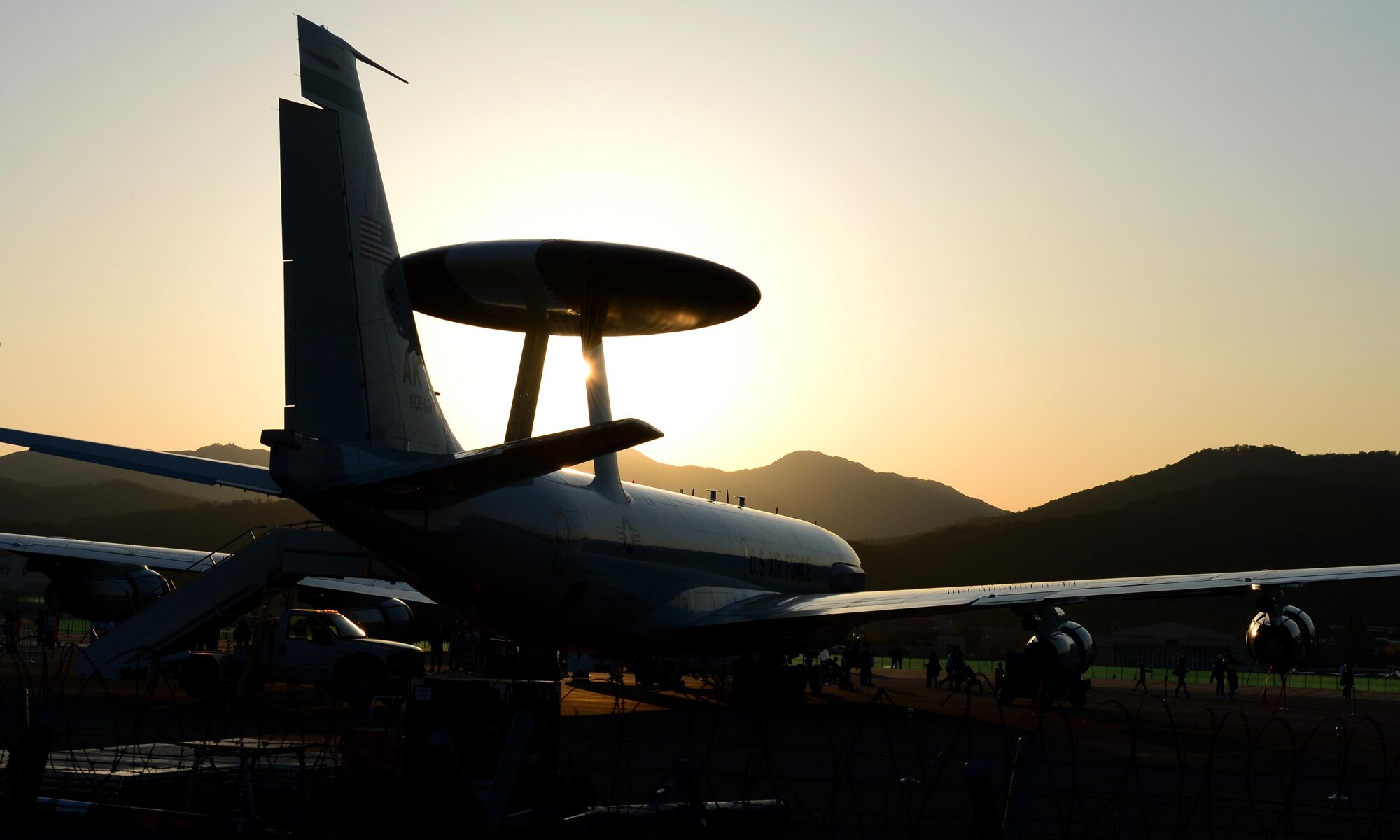 A U.S. Air Force E-3 Sentry airborne warning and control system sits on the flight line during the Seoul International Aerospace and Defense Exhibition 2017 at Seoul Air Base, South Korea, Oct. 21, 2017. The Seoul ADEX is the largest, most comprehensive event of its kind in Northeast Asia, attracting aviation and aerospace professionals, key defense personnel, aviation enthusiasts and the general public alike. (U.S. Air Force photo by Staff Sgt. Alex Fox Echols III)