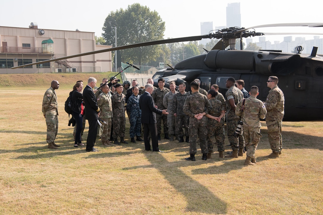 Defense Secretary Jim Mattis speaks with U.S. troops in South Korea.