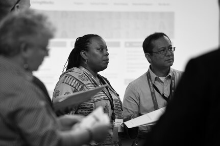 Valencia Macon, left, Information Technology Sergeant, 85th Support Command, and Dr. Cesar Pajarillo, (right) Substance Abuse Prevention Coordinator, 85th Support Command, respond to what they would need to conduct a workshop during a five-day Applied Suicide Intervention Skills Training (Training for Trainers) workshop, October 20, 2017.