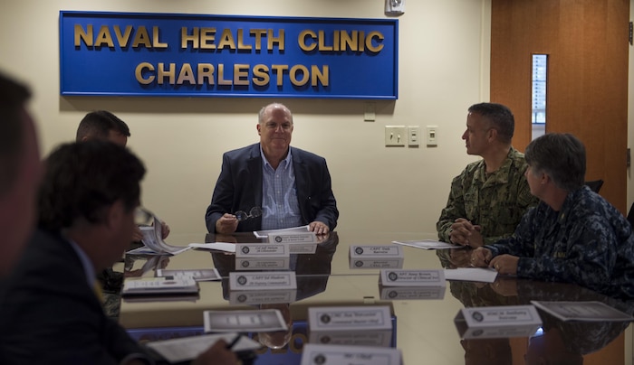 Goose Creek Mayor Michael Heitzler, center, speaks to Joint Base Charleston leadership during a tour of the Army Strategic Logistics Activity Charleston, JB Charleston Weapons Station, S.C., Oct. 25, 2017.