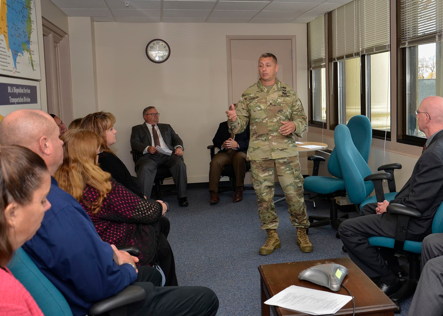 Army Brig. Gen. John S. Laskodi, commanding general, Defense Logistics Agency Distribution, meets with his Battle Creek, Michigan, workforce and thanks them for their support to DLA Disposition Services during a site visit Oct. 25.