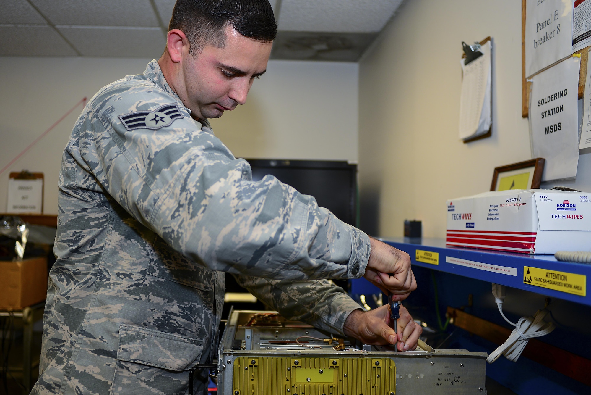 U.S. Air Force Senior Airman Sean Fitzpatrick, an airfield systems journeyman assigned to the 6th Operations Support Squadron, performs radio maintenance at MacDill Air Force Base, Fla., Oct. 25, 2017. Fitzpatrick was recently awarded the Air Force Airfield Systems Airman of the Year Award because of his outstanding performance.