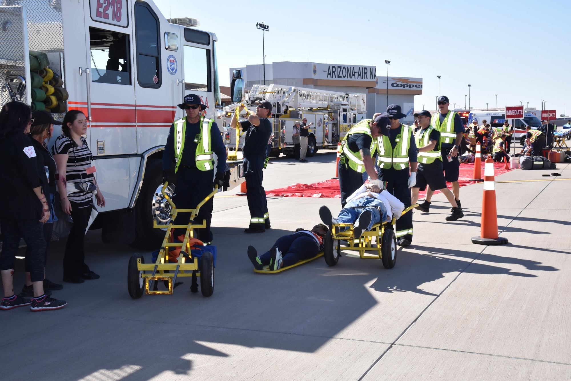 First responders coordinate to assist passengers of an aircraft accident during the 2017 Triennial Exercise here, Oct. 26, 2017. The exercise is a three-year requirement of the Federal Aviation Administration. (U.S. Air Force photo by 2nd Lt. Tinashe Machona)