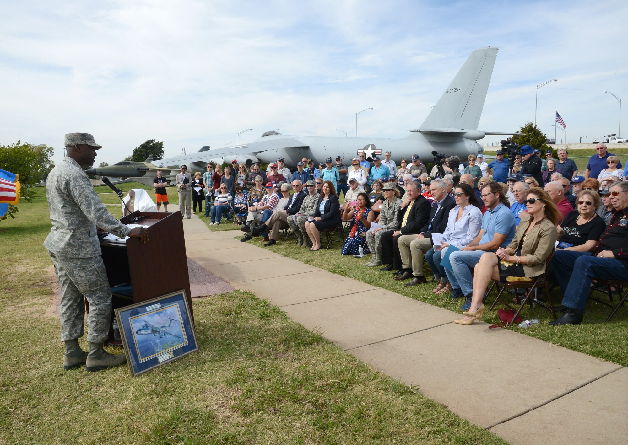 Col. Kenyon Bell, 72nd Air Base Wing commander, addresses a crowd at the C-141 Memorial Dedication ceremony Oct. 19, 2017, at the Maj. Charles B. Hall Memorial Airpark. The "Starlifter" first came to Tinker 53 years ago.