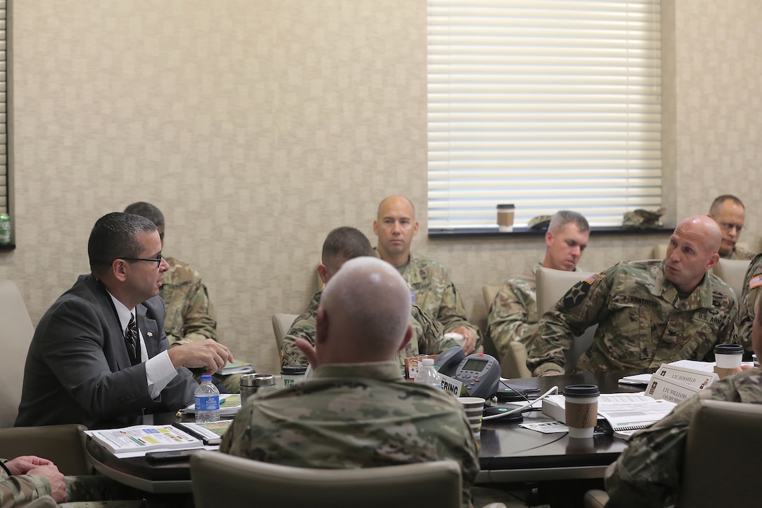 Robert Spinelli, Command Executive Officer, 85th Support Command, discusses mobilization force generation installations, mobilizing battalions, and manning in the Army Reserve Troop Program Unit structure to First Army brigade command teams during the 85th Support Command’s New Brigade Command Teams Orientation brief at Rock Island Arsenal, Illinois, October 22, 2017.