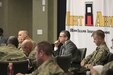 First Army and 85th Support Command senior leaders discuss Army Reserve actions and processes during the 85th Support Command’s New Brigade Command Teams Orientation brief at Rock Island Arsenal, Illinois, October 22, 2017.