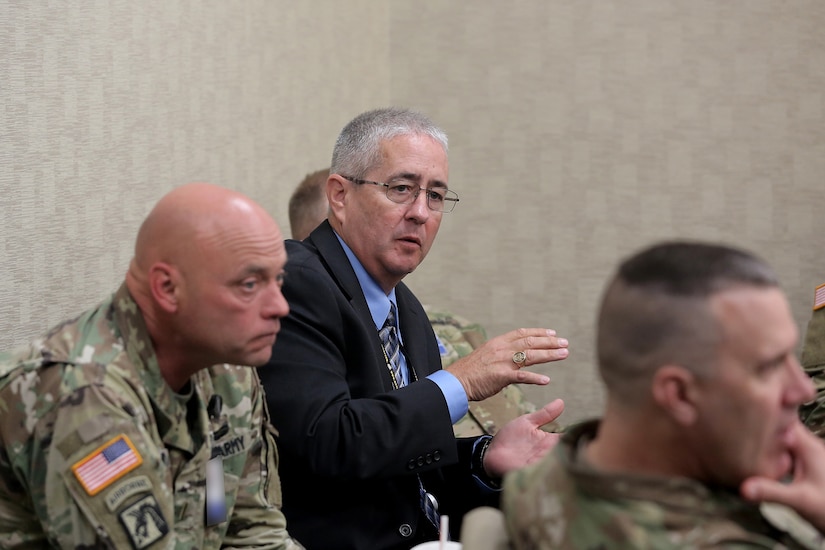 Kevin Greene, Staff Operations and Training Officer, 85th Support Command, discusses strength management and the importance of recruiting and retention initiatives at the battalion-level to First Army brigade command teams during the 85th Support Command’s New Brigade Command Teams Orientation brief at Rock Island Arsenal, Illinois, October 22, 2017.