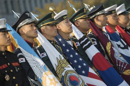 An honor guard preps for the arrival of Marine Corps Gen. Joe Dunford.