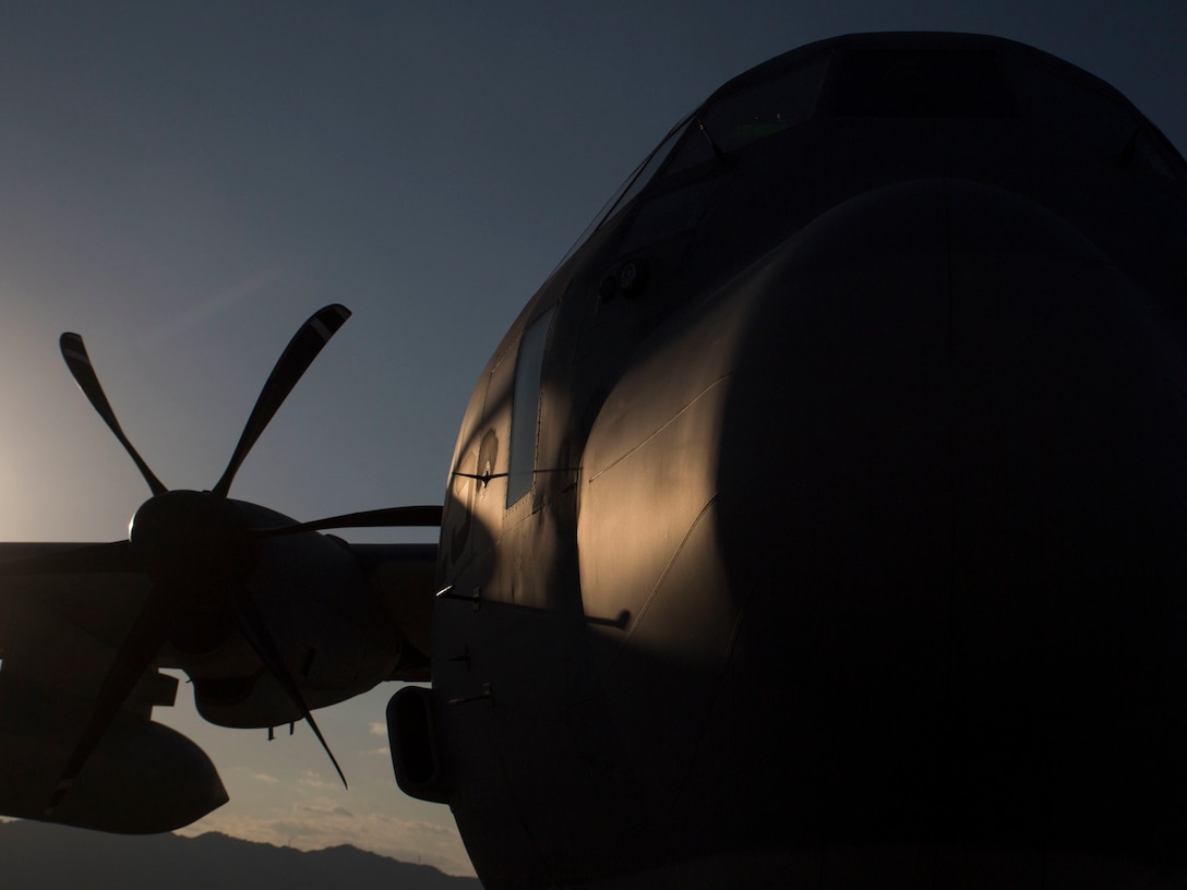 A U.S. Marine Corps KC-130J Hercules with Marine Aerial Refueler Transport Squadron (VMGR) 152 stands by while being prepped for take off before a nighttime aerial refueling training exercise with F-35B Lightning II aircraft with Marine Fighter Attack Squadron (VMFA) 121 and F/A-18C Hornets with VMFA-251 at Marine Corps Air Station Iwakuni, Japan, Oct. 25, 2017. The training was conducted at night to improve operational readiness and enhance pilot proficiency. (U.S. Marine Corps photo by Lance Cpl. Stephen Campbell)