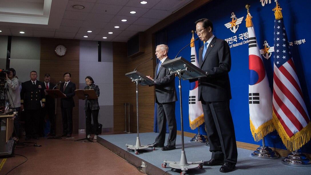 U.S. and South Korean defense leaders conduct a news conference.