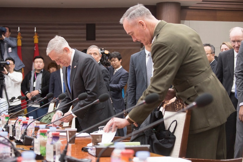 Defense Secretary Jim Mattis, left, and Marine Corps Gen. Joe Dunford, chairman of the Joint Chiefs of Staff; participate in the 49th Security Consultative Meeting at the Ministry of Defense with their South Korean counterparts Minister of National Defense Song Young-moo and South Korea Air Force Gen. Jeong Kyeong-doo, chairman of South Korea’s Joint Chiefs of Staff, in Seoul, South Korea, Oct. 28, 2017. DoD photo by Navy Petty Officer 1st Class Dominique A. Pineiro