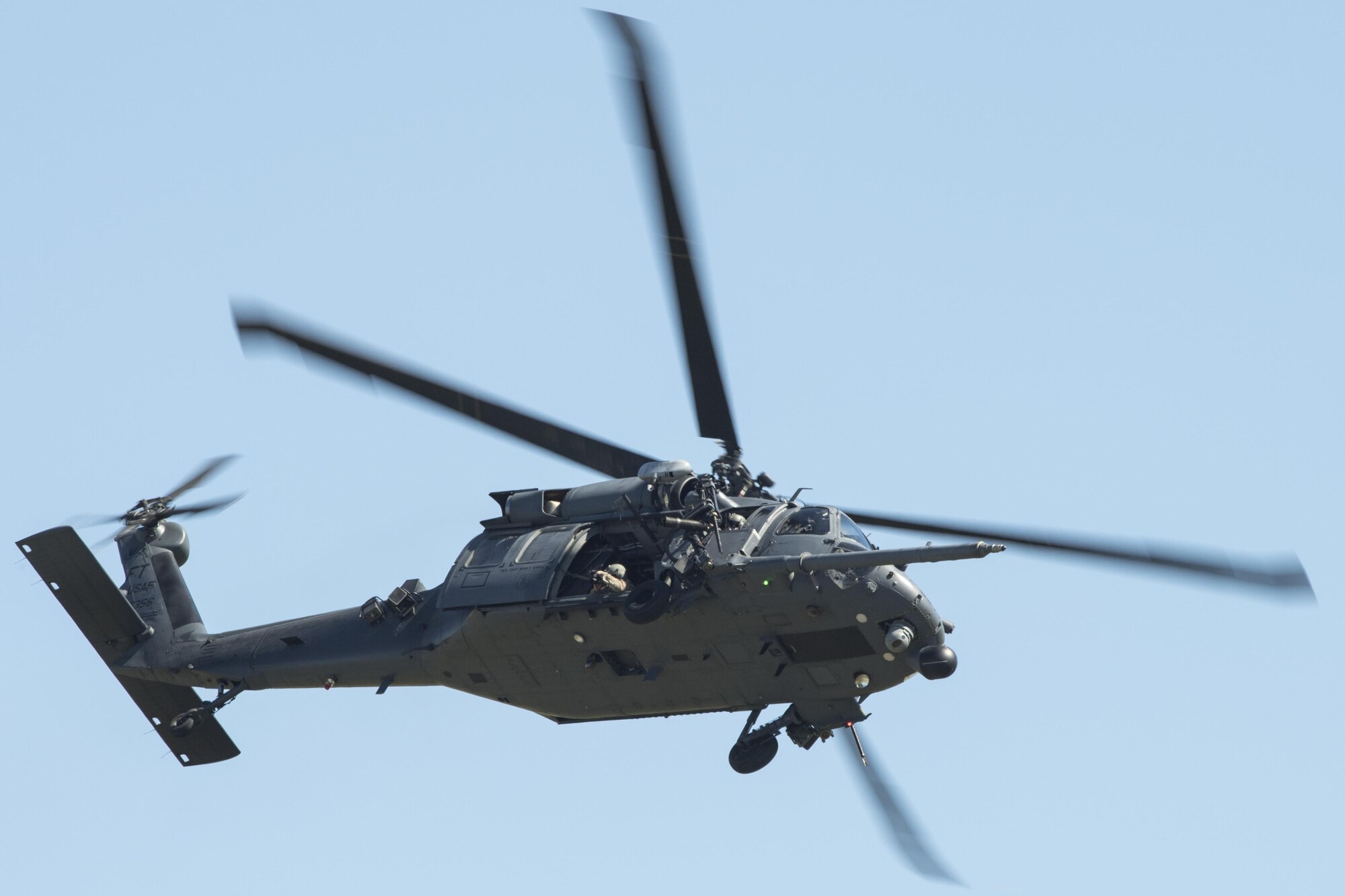 An HH-60G Pave Hawk demonstrates its capabilities during the 2017 Thunder Over South Georgia Air Show, Oct. 28, at Moody Air Force Base, Ga. The open house included aerial performances, food, face painting and much more. (U.S. Air Force photo by Senior Airman Janiqua P. Robinson)
