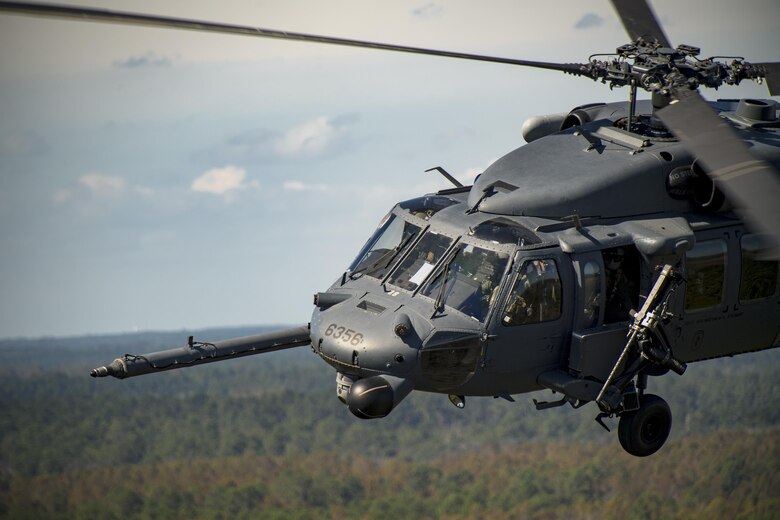 An HH-60G Pave Hawk flies in a demonstration during the Thunder Over South Georgia Air Show, Oct. 28, 2017, at Moody Air Force Base, Ga. The open house is an opportunity for Moody to thank the local community for all its support, and exhibit air power and it included aerial performances, food, face painting and much more. (U.S. Air Force photo by Staff Sgt. Ryan Callaghan)