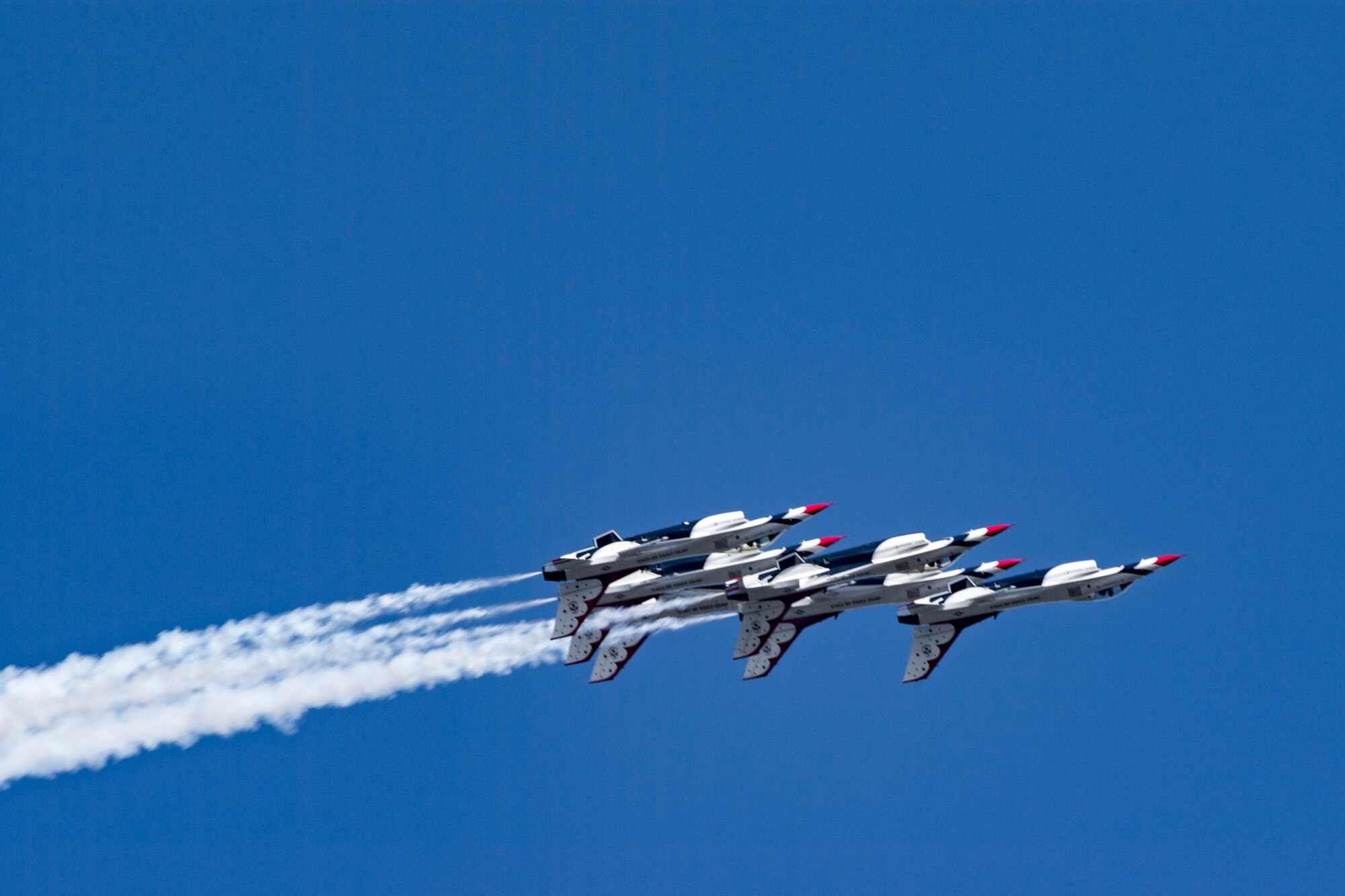 The U.S. Air Force Thunderbirds Flight Demonstration Team soars above Moody Air Force Base during the Thunder Over South Georgia Air Show, Oct. 28, 2017. The Thunderbirds, based out of Nellis Air Force Base, Nev., are the Air Force’s premier aerial demonstration team, performing at air shows and special events worldwide. (U.S. Air Force photo by Senior Airman Daniel Snider)