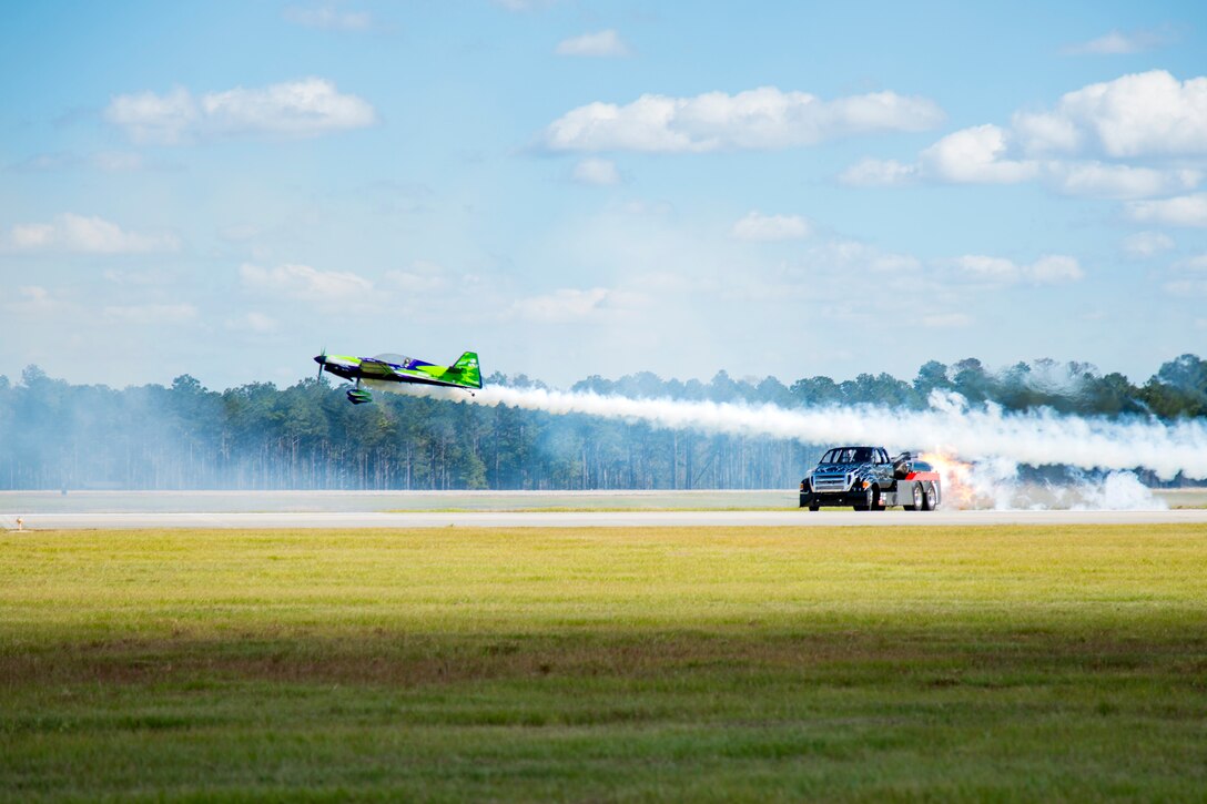 An aerial team demonstrates its capabilities during the Thunder Over South Georgia Air Show, Oct. 28, 2017, at Moody Air Force Base, Ga. The air show included aerial performances, food, face painting and much more. (U.S. Air Force photo by Airman 1st Class Erick Requadt)
