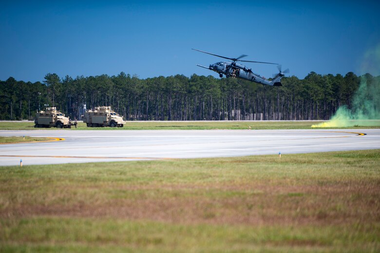 Pararescuemen assigned to the 38th Rescue Squadron demonstrates their capabilities during the Thunder Over South Georgia Air Show, Oct. 29, 2017, at Moody Air Force Base, Ga. The air show is an opportunity for Moody to thank the local community for all its support, and exhibit air power. (U.S. Air Force photo by Airman 1st Class Erick Requadt)
