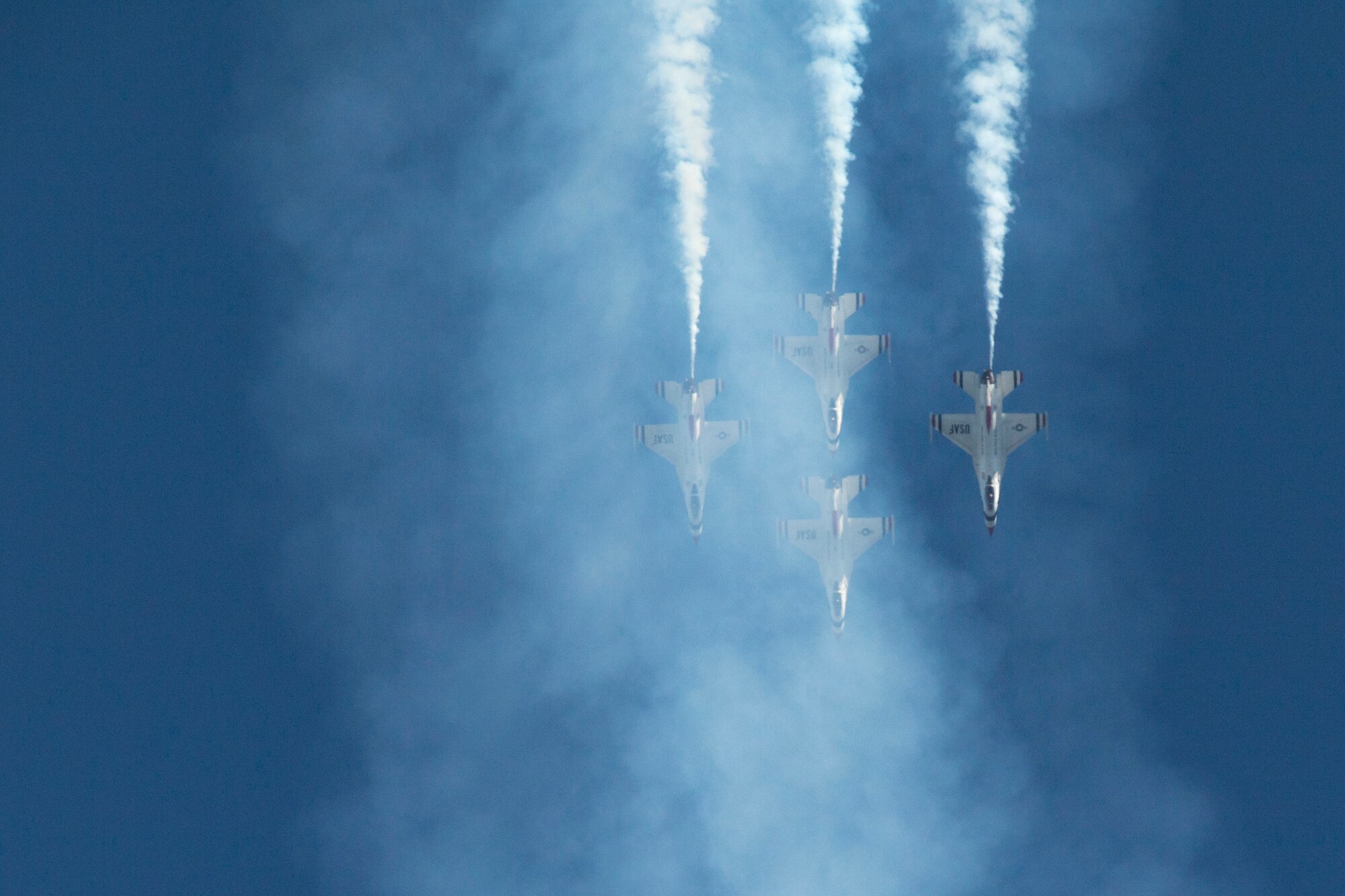 The U.S. Air Force Thunderbirds Flight Demonstration Team soars above Moody Air Force Base during the Thunder Over South Georgia Airshow, Oct. 29, 2017. The Thunderbirds, based out of Nellis Air Force Base, Nev., are the Air Force’s premier aerial demonstration team, performing at air shows and special events worldwide. (U.S. Air Force photo by Senior Airman Daniel Snider)