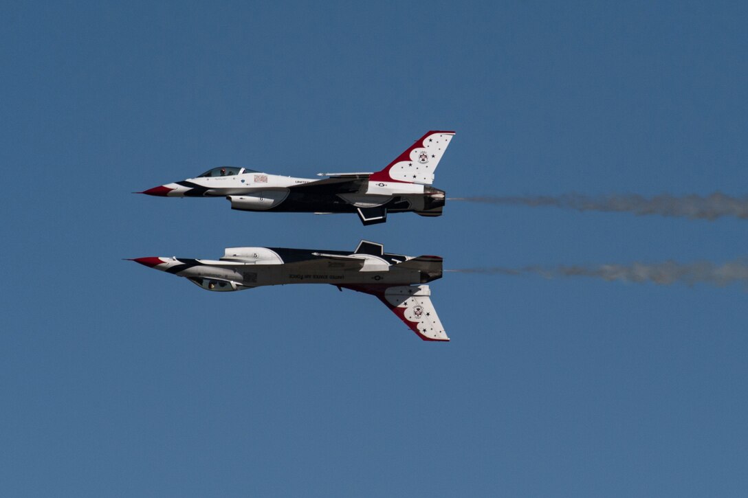 The U.S. Air Force Thunderbirds Flight Demonstration Team soars above Moody Air Force Base during the Thunder Over South Georgia Air Show, Oct. 29, 2017. The Thunderbirds, based out of Nellis Air Force Base, Nev., are the Air Force’s premier aerial demonstration team, performing at air shows and special events worldwide. (U.S. Air Force photo by Senior Airman Daniel Snider)