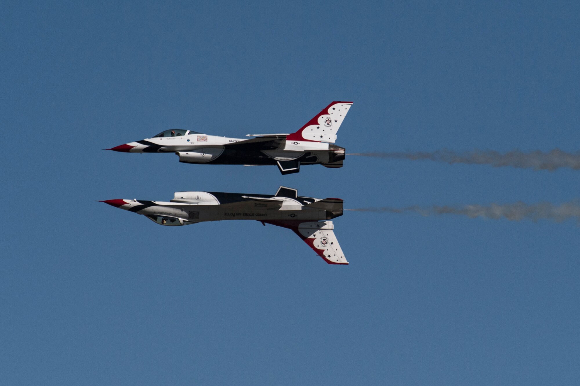 The U.S. Air Force Thunderbirds Flight Demonstration Team soars above Moody Air Force Base during the Thunder Over South Georgia Air Show, Oct. 29, 2017. The Thunderbirds, based out of Nellis Air Force Base, Nev., are the Air Force’s premier aerial demonstration team, performing at air shows and special events worldwide. (U.S. Air Force photo by Senior Airman Daniel Snider)