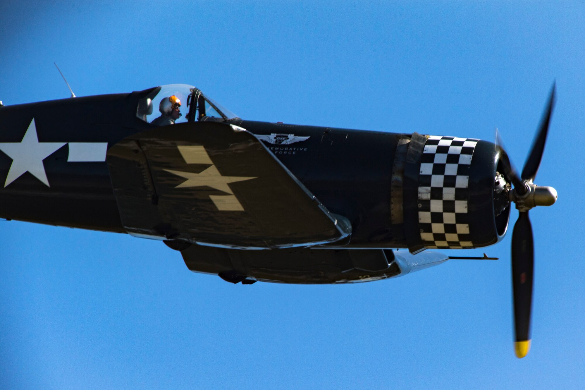 A F4U Corsair flies over Moody Air Force Base, Ga., during the Thunder Over South Georgia Air Show, Oct. 29, 2017. The air show aims to educate the public on past and present Air Force aerial capabilities, increase recruiting and show appreciation to the local community. (U.S. Air Force photo by Senior Airman Daniel Snider)